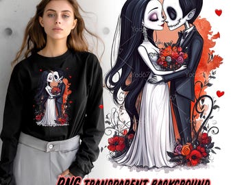 Skeleton Wedding Clipart, Gothic Skeleton Lovers, Bride and Groom, Dead Lovers, T-shirt Design, DTG Printing, Valentines day, Sublimation.