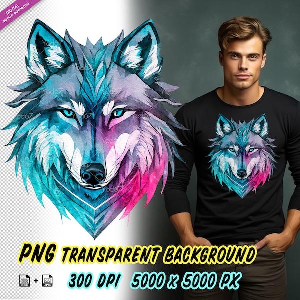 Wolf Head For Sublimation Printing, Wolf T-shirt Design Clipart, DTF DTG Printing, Wolf head PNG file, Wolf Clipart. Animal head painting.