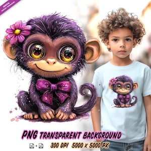 Little monkey clipart, Cute baby monkey png, Sublimation Printing, T-shirt Design, DTG, DTF Transfer, Transparent PNG, Cartoon Baby Animals.