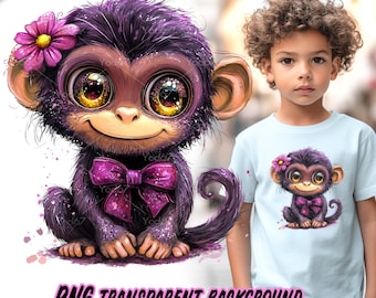 Aapje clipart, schattige baby aapje png, sublimatie afdrukken, T-shirtontwerp, DTG, DTF-overdracht, transparante png, tekenfilm babydieren.