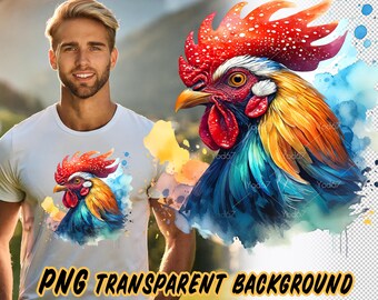 May include: A colorful watercolor illustration of a rooster's head with a blue, green, yellow, and red color scheme. The rooster's comb is red with white spots. The background is a watercolor wash of blue, yellow, and orange.