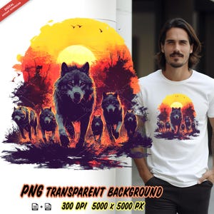 Puede incluir: Una ilustración digital de una manada de lobos corriendo por un bosque al atardecer. Los lobos son negros y el fondo es una puesta de sol de estilo acuarela con tonos naranja, rojo y amarillo.