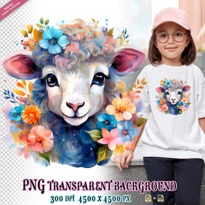 Lamb with flowers clipart for Sublimation Printing, Cute Sheep Png, Cute Lamb Head And Flowers T-shirt Design, DTG, DTF Transfer, Sublimate.