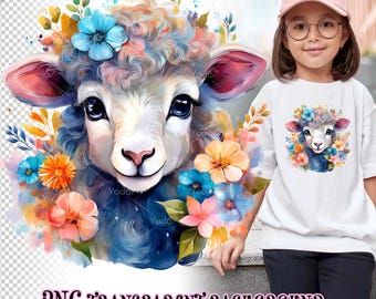 Lamb with flowers clipart for Sublimation Printing, Cute Sheep Png, Cute Lamb Head And Flowers T-shirt Design, DTG, DTF Transfer, Sublimate.