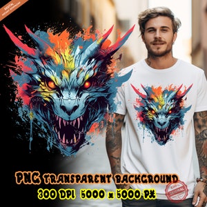 Demone testa di drago Png per stampa a sublimazione, clip art Design di t-shirt drago, stampa DTF/DTG, file PNG testa di drago, pittura di drago.