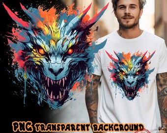 Puede incluir: Una camiseta blanca con una ilustración estilizada de una cabeza de dragón con dientes afilados y ojos rojos brillantes. El diseño incorpora salpicaduras de pintura azul, naranja y amarilla. El texto de la imagen dice: PNG TRANSPARENT BACKGROUND, 300 DPI, 5000 x 5000 PX.