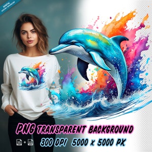 Bunter Delphin Png für den Sublimationsdruck, Delphin-T-Shirt Design Clipart, DTG-Druck, DTF-Transfer, Sublimationsdesigns. Fisch Png.