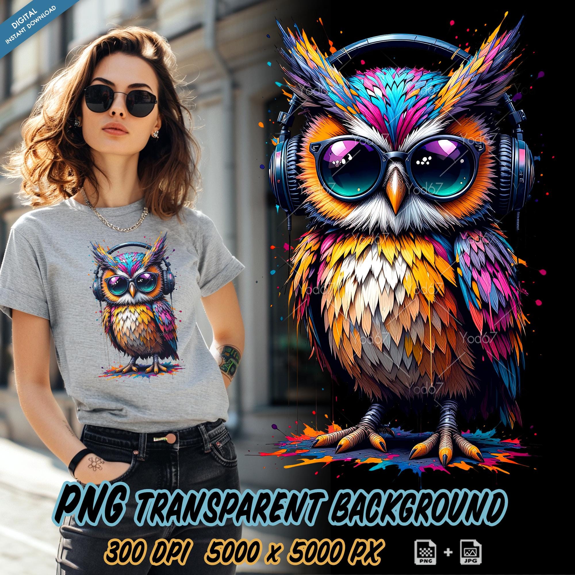 Owl with sunglasses and headphone PNG for Sublimation Printing, Colorful Cool Owl T-shirt clipart, D