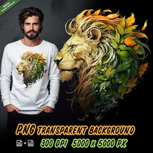 Cabeça de leão e folha para impressão por sublimação, clipart de design de camiseta de leão, impressão DTF DTG, arquivo PNG de cabeça de leão, animais png, designs de camisas.