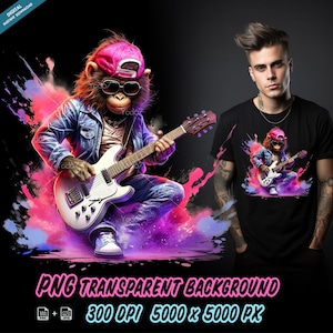 Aap speelt gitaar voor sublimatieprinten, coole aap T-shirt Design Clipart, DTG-printen, DTF-overdracht, sublimatieontwerpen, aap.