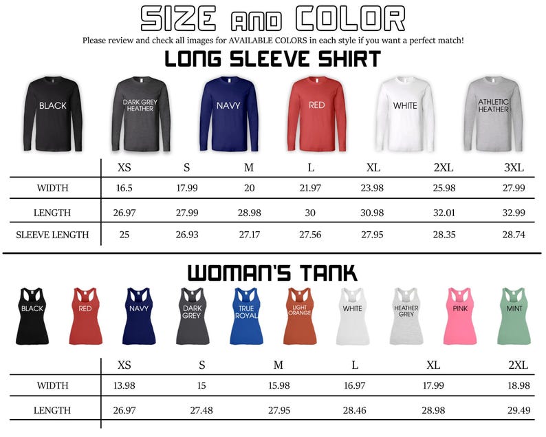 a collection of long sleeve shirts in various colors, sizes, and styles, along with corresponding measurements and descriptions.
