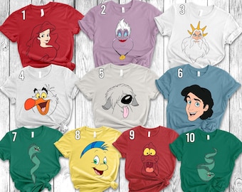 Disney Little Mermaid Halloween Costume Shirt, Princess Ariel Ursula Flounder Face Outline Shirt, Disney Halloween Family  Matching Tees