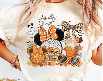 Disney Literally Just A Girl Halloween Shirt, Minnie Bow Coffee Tee, Disney Pumpkin Fall Tee, Disneyland Halloween Tee, Disney Girl's Trip