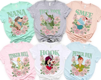 Disney bloemen Tick-Tock The Crocodile Flowers portret T-shirt, Peter Pan Neverland-shirt, Hook, Wendy Darling, Tinker Bell, Smee-shirt
