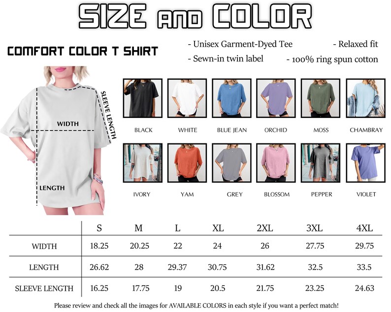 The image is a size chart for a comfortable color t-shirt, showing different sizes and sleeve lengths available in various colors.