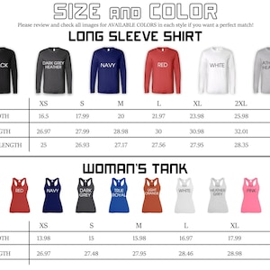 a collection of long sleeve shirts in various colors, sizes, and styles, along with corresponding measurements and descriptions.