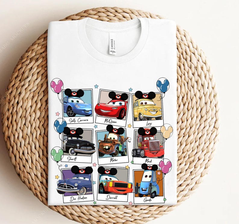 Disney Pixar Cars Characters Polaroid Shirt, Lightning McQueen, Tow Mater, Hudson Shirt, Disneyland Family Matching Tee, Animal Kingdom image 3
