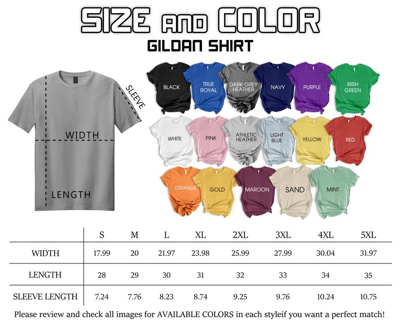 a collection of t-shirt designs in various colors, sizes, and styles, along with a size and color guide for selecting the perfect shirt.