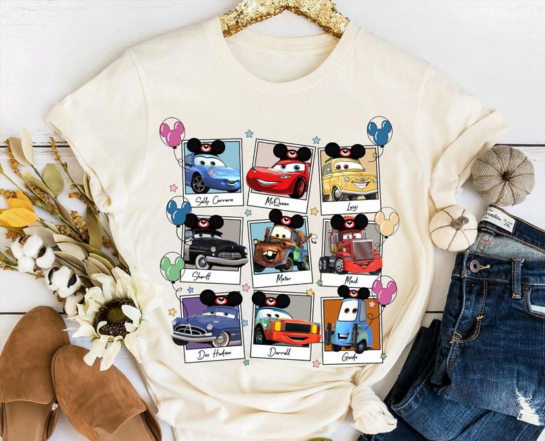 Disney Pixar Cars Characters Polaroid Shirt, Lightning McQueen, Tow Mater, Hudson Shirt, Disneyland Family Matching Tee, Animal Kingdom image 1