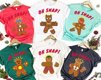Camiseta de Natal "Oh Snap" com biscoito de gengibre dos Vingadores da Marvel, Camisetas de Natal combinando da Disneyland para grupos, Camiseta de Natal do Esquadrão dos Personagens da Marvel