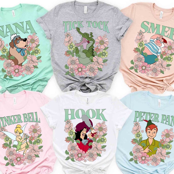 Disney Floral Tick-Tock The Crocodile Flowers Portrait T-Shirt, Peter Pan Neverland Shirt, Hook, Wendy Darling, Tinker Bell, Smee Shirt
