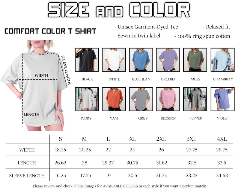 The image is a size chart for a comfortable color t-shirt, showing different sizes and sleeve lengths available in various colors.