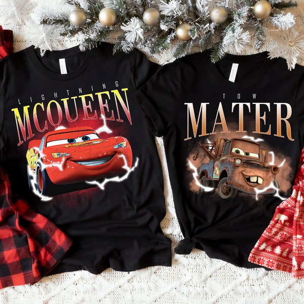 Disney Cars Saetta McQueen e Tow Mater Retro anni '90 ritratto completo di personaggi camicia, Hudson Sally Carrera Disneyland Matching Tee, Flo