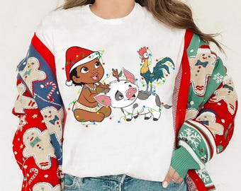 Disney Santa Moana Hei Hei Rooster and Pua Christmas Lights Shirt,Cute Moana Christmas,Disneyland Family Christmas Shirt,Disneyworld Trip