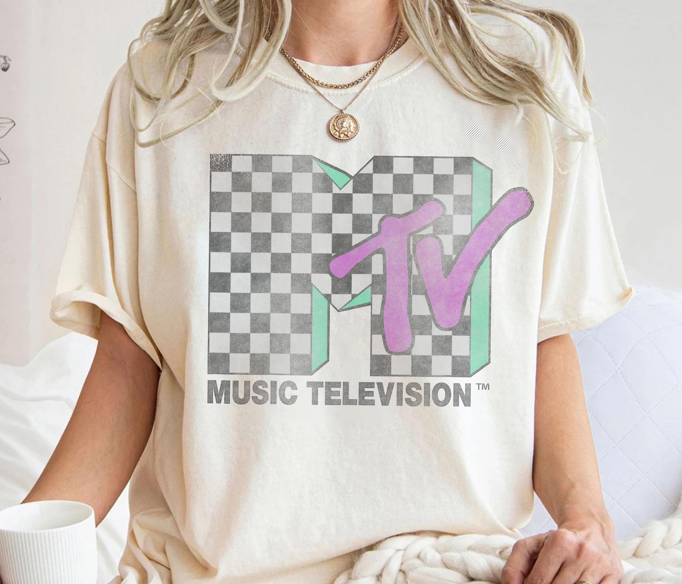 MTV Checkered Distressed Retro Logo Graphic T-shirt, Music Television MTV Logo Tee, MTV Logo T-shirt, Disneyland Family Matching Shirts