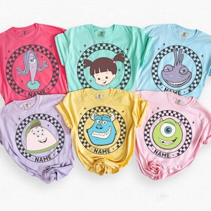 Anpassen Disney Pixar Alle Charaktere Kariertes Shirt, Disney Monster Inc Sully Mike Boo Randall Roz Shirt, Disneyland Urlaub Familie Shirt