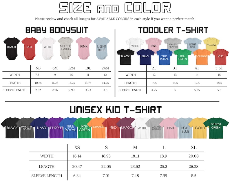 a collection of baby and toddler t-shirts in various colors and sizes, along with a separate section for unisex kid t-shirts. The image provides size and color information for each type of t-shirt, including width, length, sleeve length, and color options.