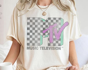 MTV Checkered Distressed Retro Logo Graphic Shirt, Music Television MTV Logo Comfort Colors Shirt, 80s & 90s MTV Wash Family Matching Tee