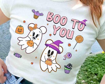 Maglietta Disney Mickey e Minnie Ghost Vintage Spooky Vibes Boo To You, Maglietta per la festa di Halloween di Topolino non così spaventoso, Maglietta Disney di Halloween