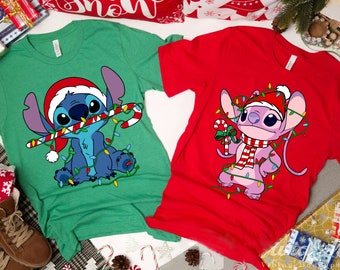 Disney Santa Stitch and Angel Christmas Lights T-Shirt, Cute Lilo and Stitch Disneyland Family Christmas Shirt, Disneyworld Christmas Shirt