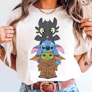 Disney Stitch and Baby Yoda Friends-shirt, schattig Stitch-shirt, Disneyland Family Matching T-shirt, Disneyland Trip-outfits afbeelding 3