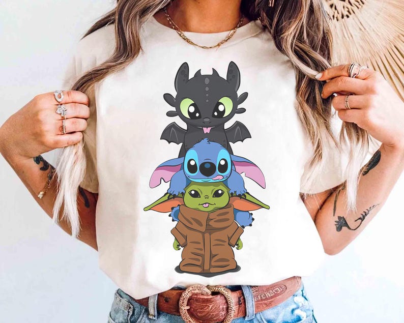 Disney Stitch and Baby Yoda Friends-shirt, schattig Stitch-shirt, Disneyland Family Matching T-shirt, Disneyland Trip-outfits afbeelding 3