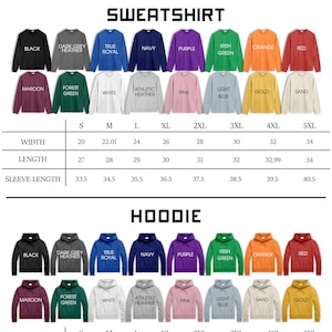 Puede incluir: Un gr&aacute;fico que muestra las opciones de tama&ntilde;o y color para sudaderas y sudaderas con capucha. La imagen muestra varios colores como negro, azul marino y rojo, con medidas en cm.