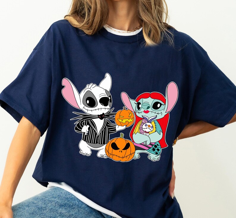 Disney Stitch and Angel Halloween Costume Jack Skellington and Sally The Nightmare Before Christmas Halloween Shirt, Disney Matching Shirt image 2