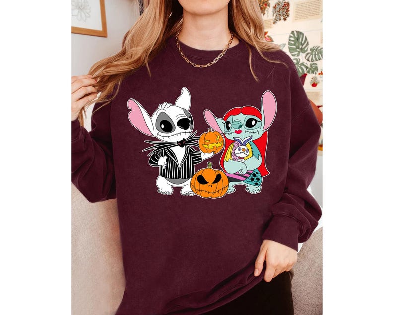 Disney Stitch and Angel Halloween Costume Jack Skellington and Sally The Nightmare Before Christmas Halloween Shirt, Disney Matching Shirt image 3
