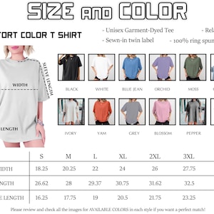 Puede incluir: Una camiseta Comfort Color blanca con opciones de talla y color. La imagen muestra una tabla de tallas con medidas de ancho, largo y largo de manga en pulgadas. Los colores disponibles incluyen negro, blanco, azul vaquero, orqu&iacute;dea, musgo y otros.