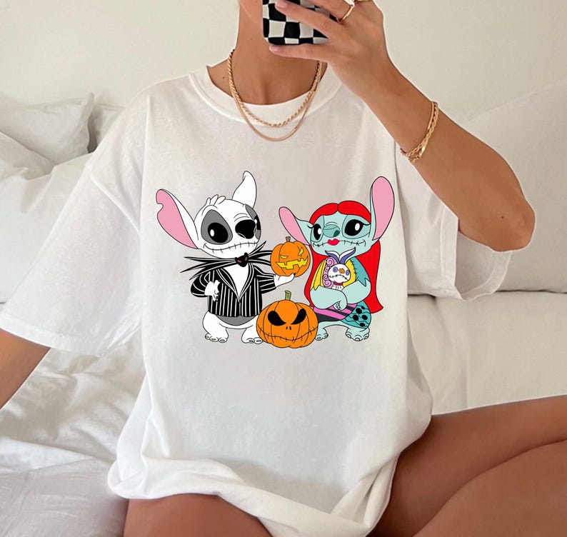 Disney Stitch and Angel Halloween Costume Jack Skellington and Sally The Nightmare Before Christmas Halloween Shirt, Disney Matching Shirt image 4