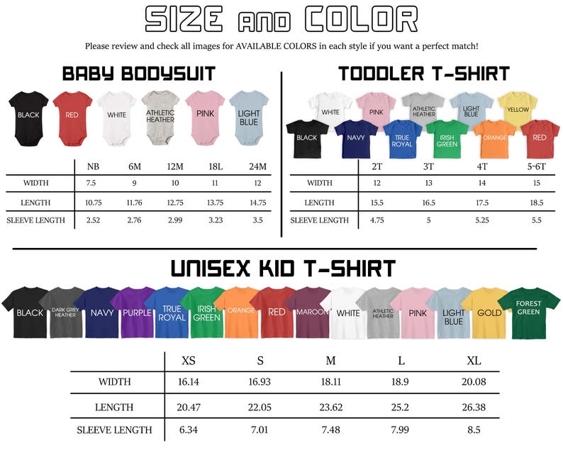 Op de afbeelding: Een maat- en kleurentabel voor babyrompers, peuter-T-shirts en unisex kind-T-shirts. De tabel toont verschillende kleuren, met bijbehorende breedte-, lengte- en mouwlengtematen in cm.