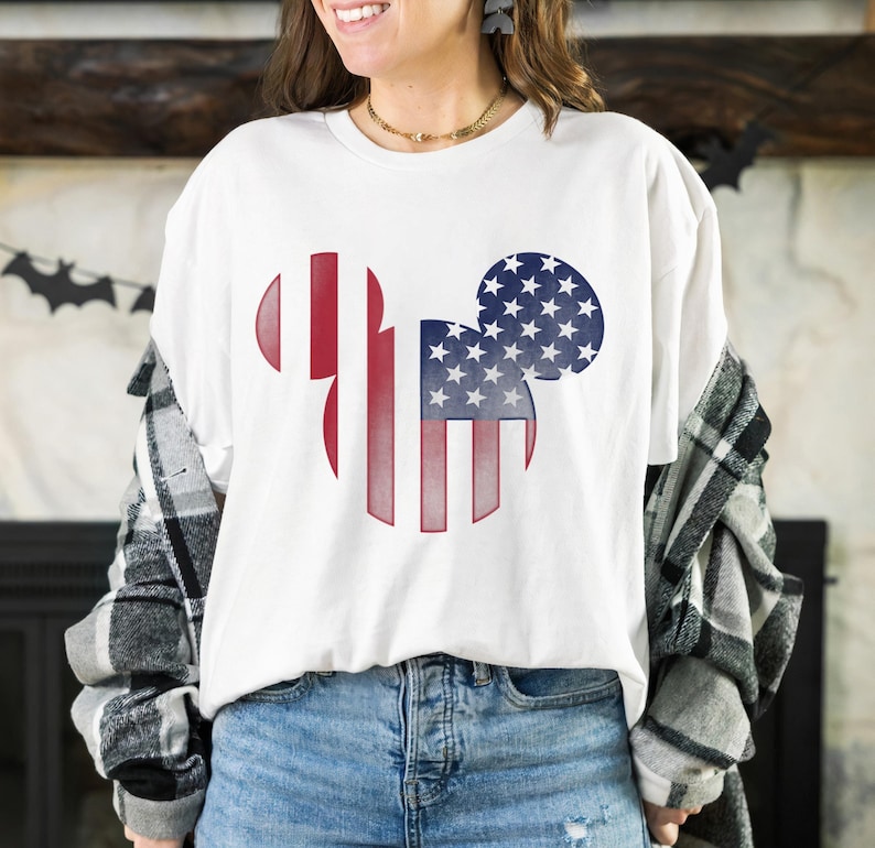 Disney Mickey Mouse Americana Ears Shape T-shirt, 4th of July Shirt, USA Flag Shirt, Disneyland Family Tee Unisex Adult T-shirt Kid T-shirt image 3