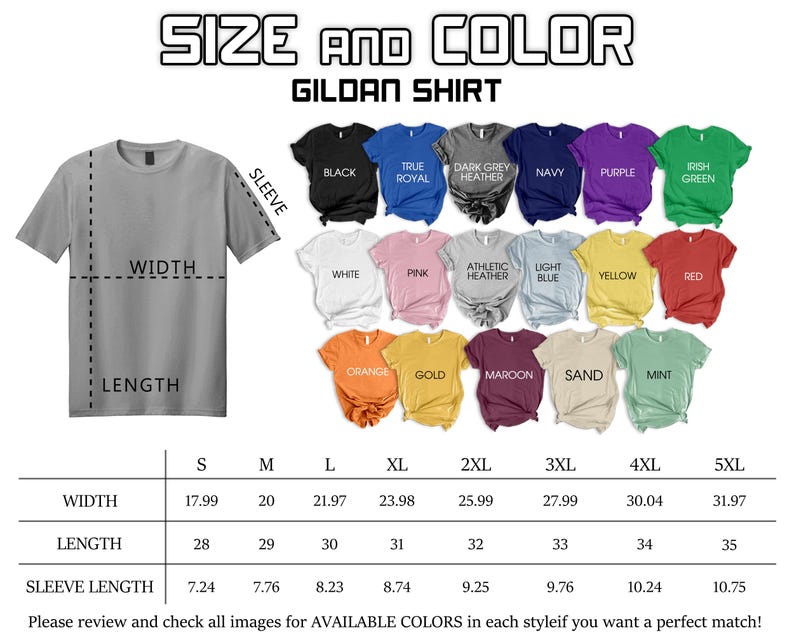 a collection of t-shirt designs in various colors, sizes, and styles, along with a size and color guide for selecting the perfect shirt.