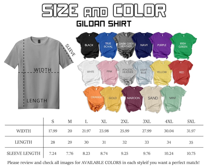 a collection of t-shirt designs in various colors, sizes, and styles, along with a size and color guide for selecting the perfect shirt.