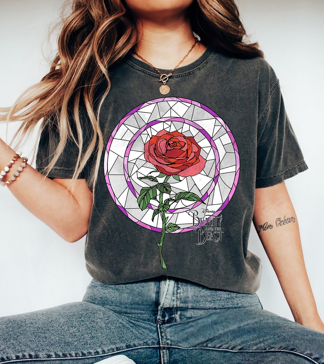 Disney Beauty & the Beast Rose Stained Glass Graphic T-shirt - Etsy