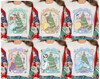 Koszulka z kokardą Disney Princess z choinką, koszulka z świątecznymi lampkami Disney Princess, koszulka Ariel Elsa Bella, koszulka Disneyland Xmas Trip