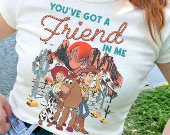Camiseta vintage de Toy Story de Disney, "Tienes un amigo en mí", camiseta de Woody, Jessie y Bullseye, camiseta vaquera de Disney, estilo western.