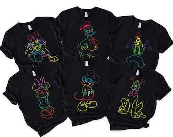 Retro Disney Neon Classic Mickey and Friends Portrait Retro Shirt, Disneyland Family Matching Tee, World Disney Walt Animal Kingdom Shirt