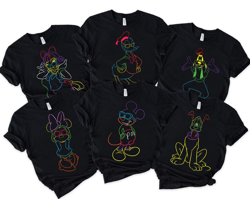 Retro Disney Neon Classic Mickey and Friends Portrait Retro Shirt, Disneyland Family Matching Tee, World Disney Walt Animal Kingdom Shirt image 1